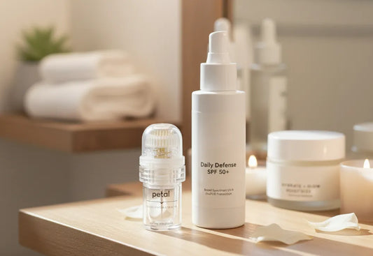 Petal microneedling device with sunscreen skincare routine