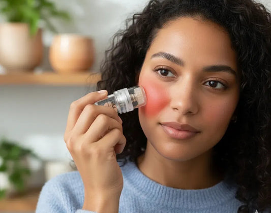 Woman using Petal 24k gold microneedle device at home