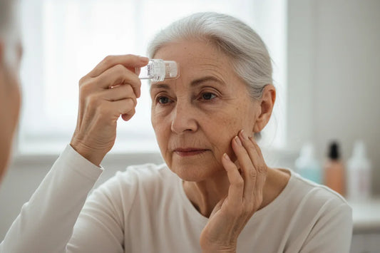 Woman using at-home microneedling device for wrinkles