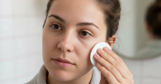 Create an image of a woman removing heavy foundation with a cotton pad in soft natural lighting. Skin looks slightly congested on one side and clearer on the other.