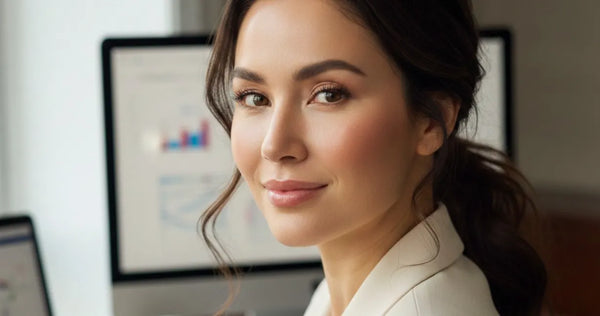 Professional woman with radiant skin at her office desk showing effects of stress management and micro-infusion