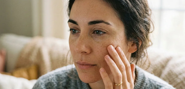 Woman with mild hyperpigmentation on cheeks considering skincare solutions at home