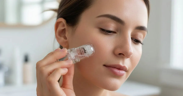 Woman using Petal Micro-Infusion System on mild pockmarks for gentle skin rejuvenation