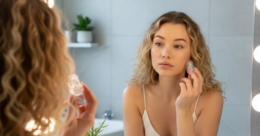 Woman performing at-home microneedling for acne scars with a safe beginner device.