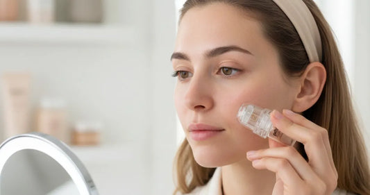 Woman using Petal Micro-Infusion System for safe at-home microneedling to improve skin texture and glow.
