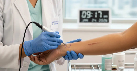 Dermatologist preparing a microneedling test spot for keloid-prone skin safety.