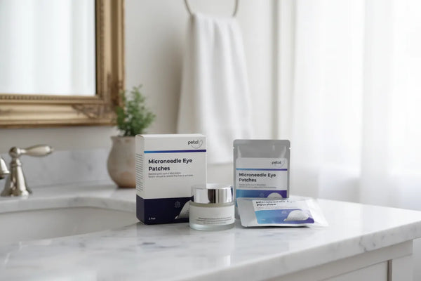 Eye patches vs eye cream skincare comparison flat lay.