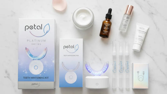 Flatlay of whitening tools paired with skincare products for quick whitening