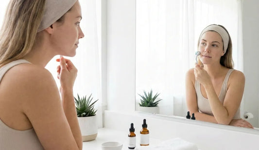 Woman performing microneedling skincare routine at home with clean aesthetic setting