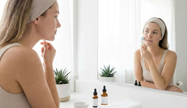 Woman performing microneedling skincare routine at home with clean aesthetic setting