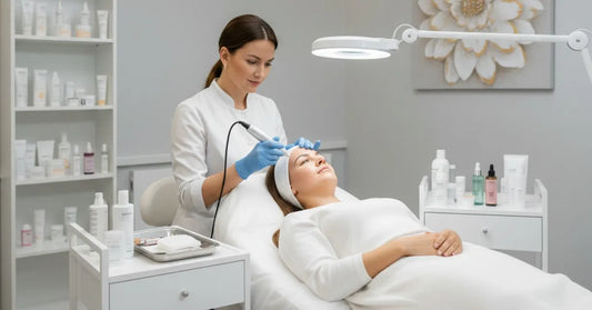 Professional microneedling session at a skincare clinic with advanced tools
