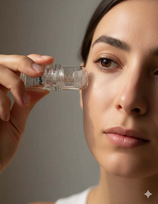 A woman holding the Petal Microneedling Infusion System to her face