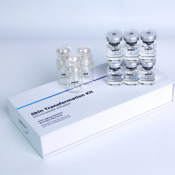 Microneedling device and serum arranged on soft neutral background