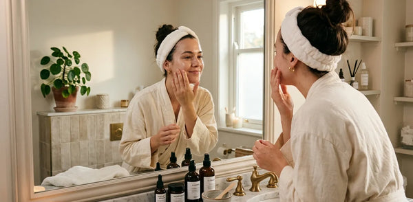 Person performing an at-home skincare routine using antioxidant serums and micro-infusion tools