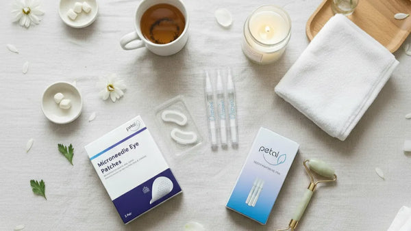 Petal Eye Patches paired with whitening products for a self-care maintenance routine
