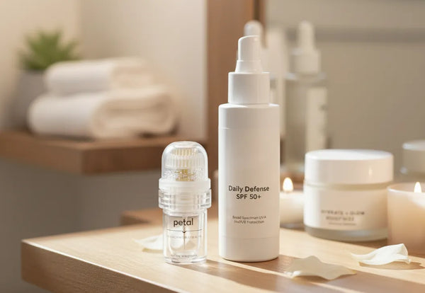 Petal microneedling device with sunscreen skincare routine