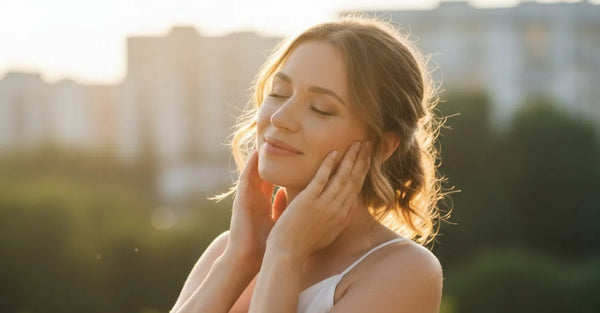 Pregnant woman practicing safe skincare at home, avoiding microneedling