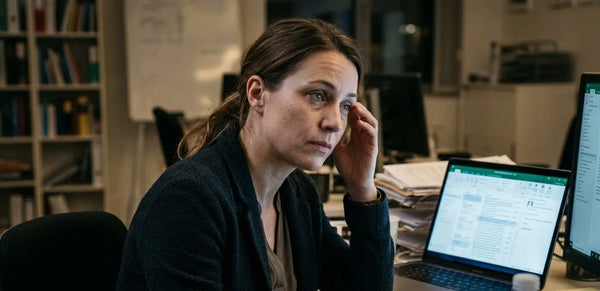 professional experiencing screen fatigue and early fine lines from long work hours