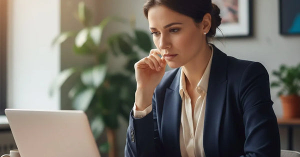 Woman experiencing deadline skin with visible dehydration and tightness during a stressful workday