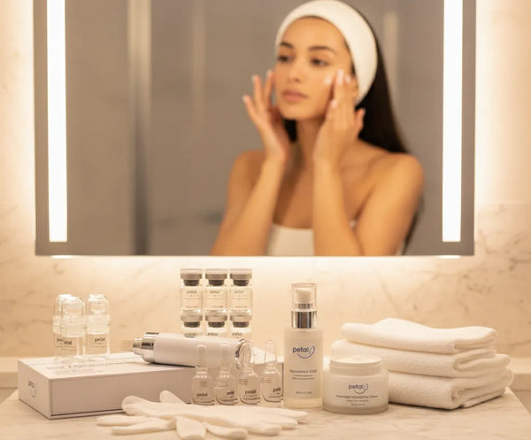 Self-care skincare ritual featuring microneedling and hydration products