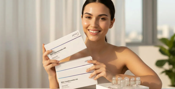 Woman with clear, radiant skin after microneedling, holding Petal Micro-Infusion System and Eye Patches for acne scar repair