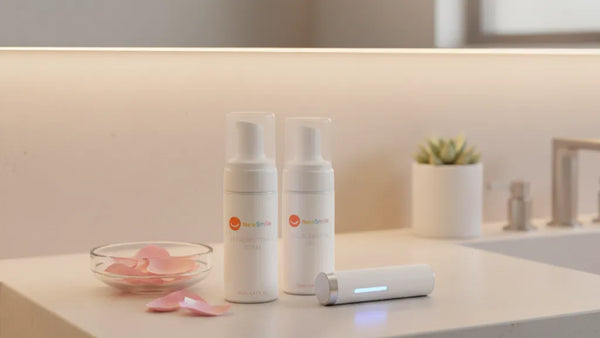 Teeth whitening tools on a bathroom counter with soft natural lighting