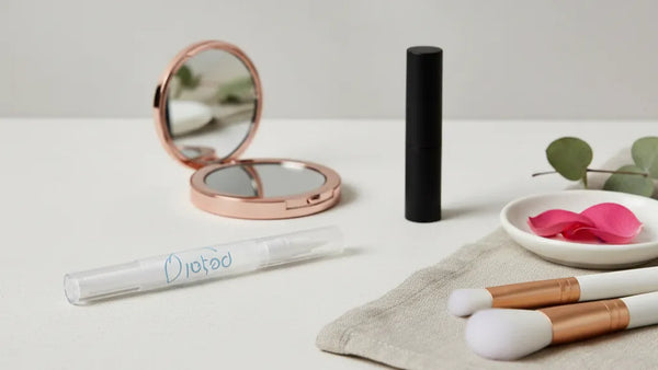 Whitening pen styled with minimalist beauty essentials on a counter