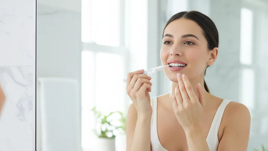 Woman applying teeth whitening pen in a bright, clean setting.