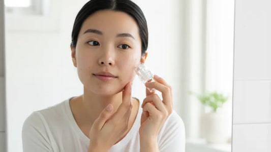Woman applying the microneedling to her face