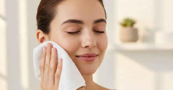 Woman patting face dry after proper cleansing for micro-infusion prep
