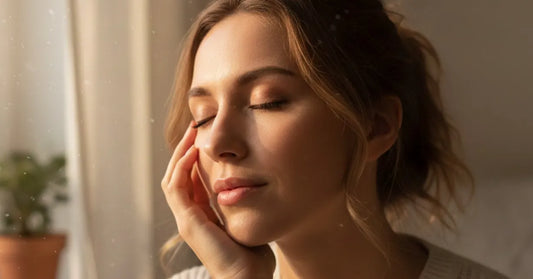 Woman examining her skin reflecting on stress and skin health