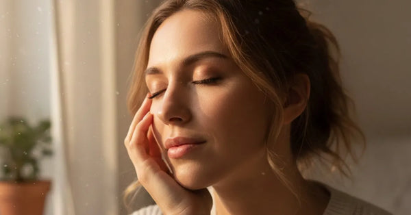 Woman examining her skin reflecting on stress and skin health