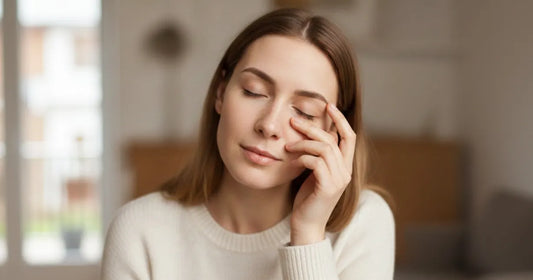 Woman touching under-eye area showing signs of stress and tiredness, highlighting dark circles and puffiness