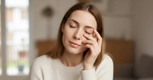 Woman touching under-eye area showing signs of stress and tiredness, highlighting dark circles and puffiness