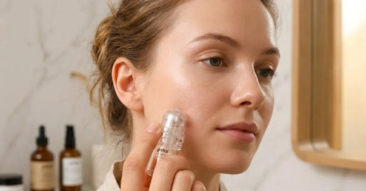 Woman using Petal Micro-Infusion System at home for enhanced skincare absorption