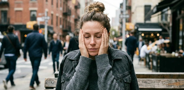 Woman experiencing skin fatigue from emotional and environmental stress before micro-infusion antioxidant therapy