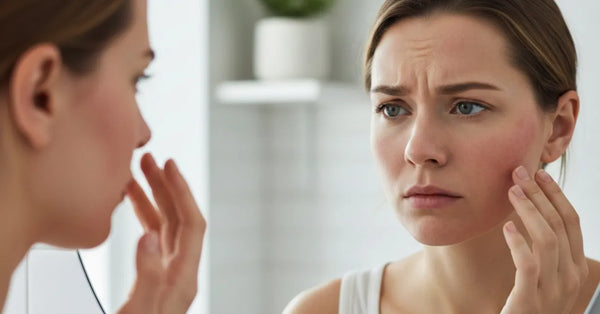 Woman experiencing stress-related acne and skin redness during an emotionally intense period.