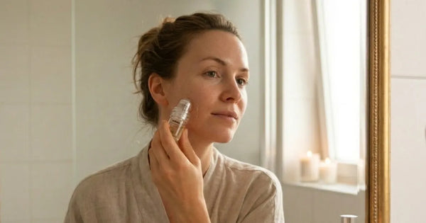 Woman performing a micro-infusion self-care ritual at home for glowing and stress-relieving skincare