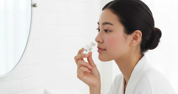 Woman performing at-home microneedling session with Petal Micro-Infusion System