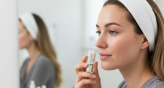 Woman performing at-home microneedling with Petal Micro-Infusion System for glowing skin