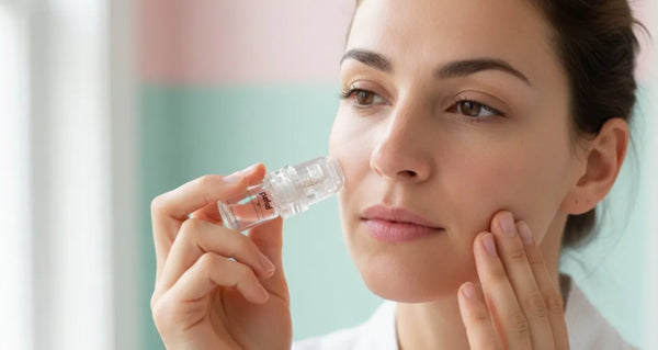 Woman performing microneedling without numbing cream using Petal Micro-Infusion System