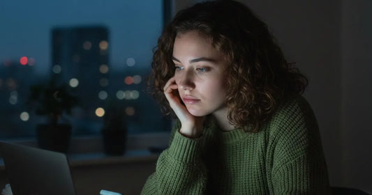 Woman touching her face while working, illustrating how everyday habits can cause acne breakouts