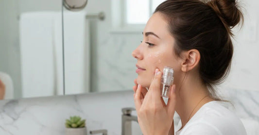 Woman using Petal Micro-Infusion System for beginner-friendly microneedling at home