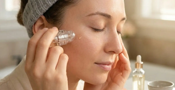 woman using micro-infusion anti-aging device at home