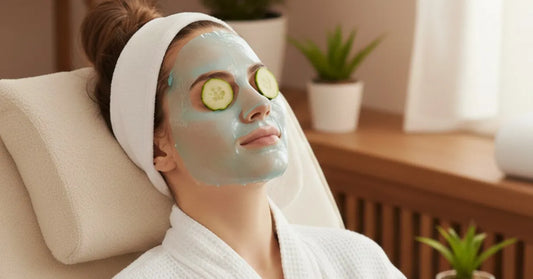 Woman applying a cooling gel mask to calm stressed skin and reduce redness.