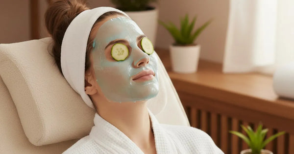 Woman applying a cooling gel mask to calm stressed skin and reduce redness.