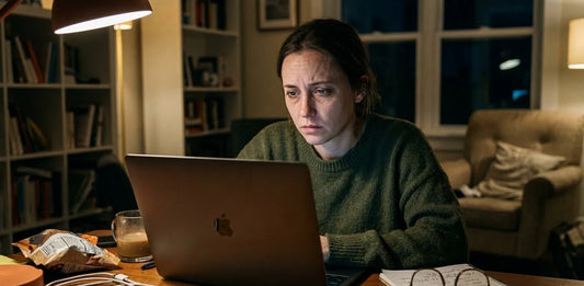 Woman with digital burnout face showing dull skin and fine lines while using a laptop