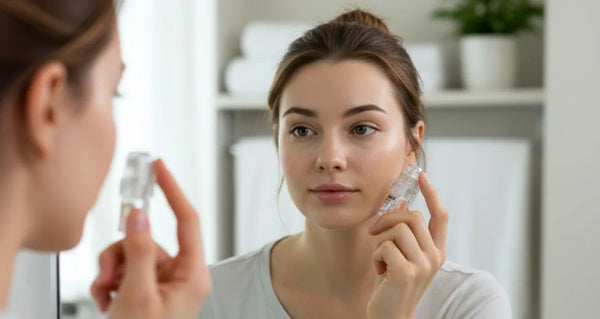 Woman performing at-home microneedling for smoother, healthier skin using Petal Micro-Infusion System