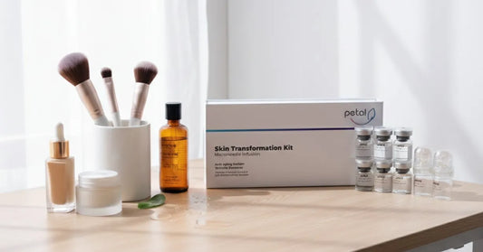 Micro-infusion vs microneedling tools on vanity table for heavy makeup users comparing skincare treatments