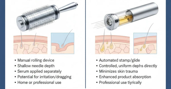 Comparison between dermarolling and Petal Micro-Infusion System highlighting precision and results.